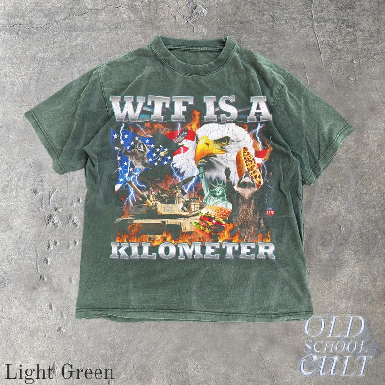 Camiseta WTF Is A Kilometer Divertida Camiseta Patrimonial USA Eagle Gráfico Camiseta Vintage American Meme Camiseta 4 de Julio Retro Unisex Regalo del Día de la Independencia Light Green