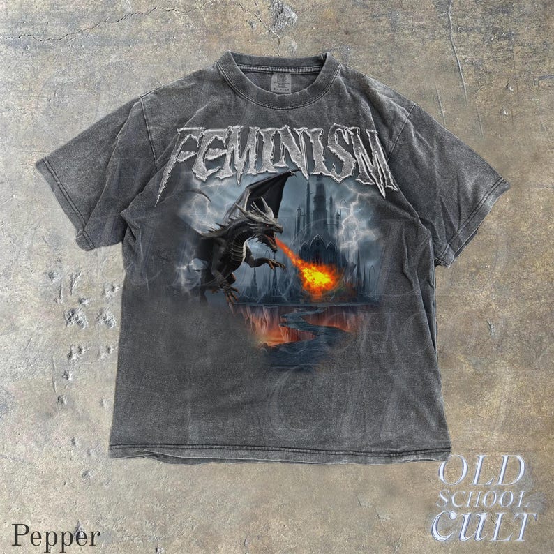 Feminism Dragon Fantasy Vintage Graphic Shirt, Retro Comfort Colors® Dragon Shirt, Feminism Shirt, Dark Art Grunge Castle Dragon Gothic Top Pepper