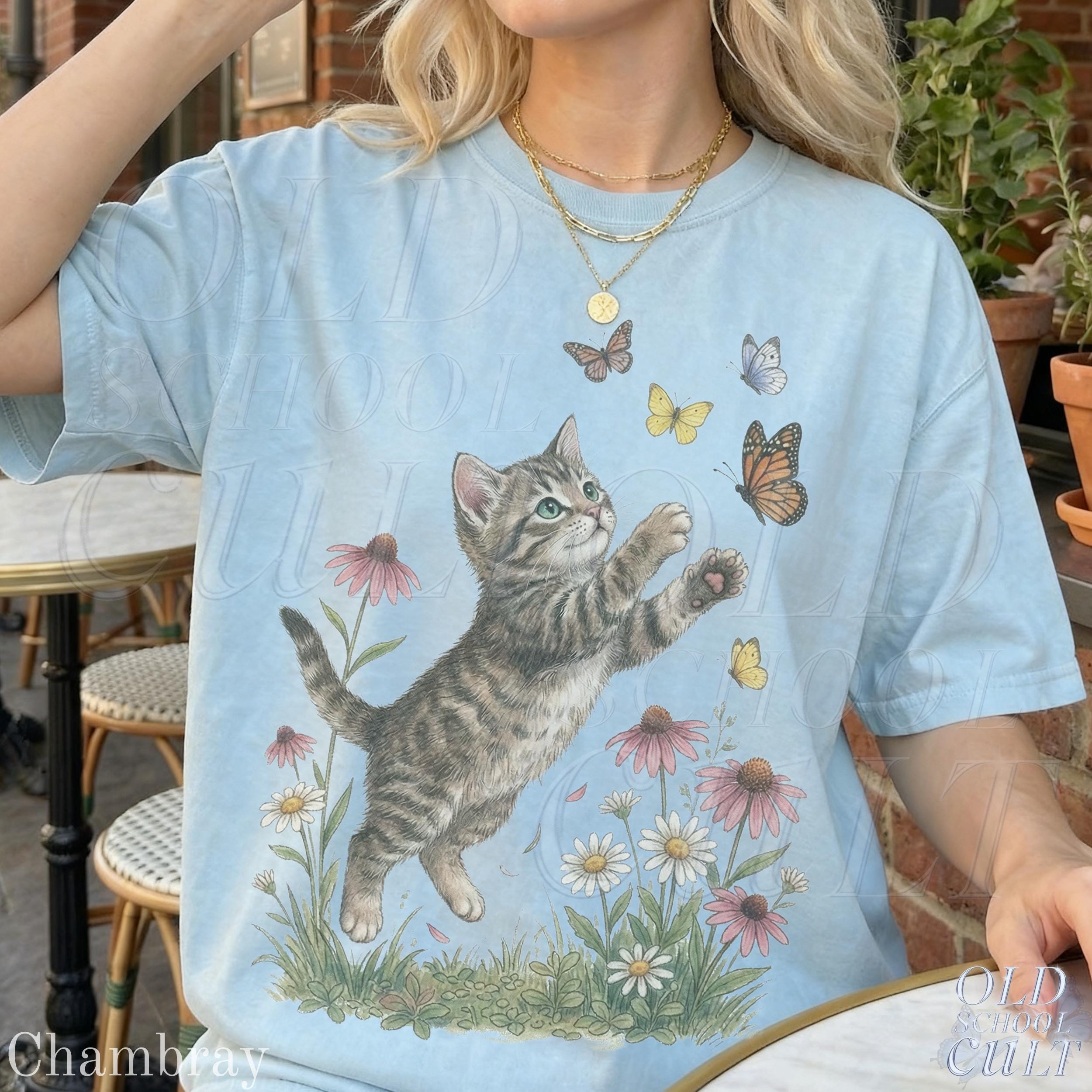 Vintage Cute Kitten Butterfly 90s Graphic Tshirt, Retro Comfort Colors ...