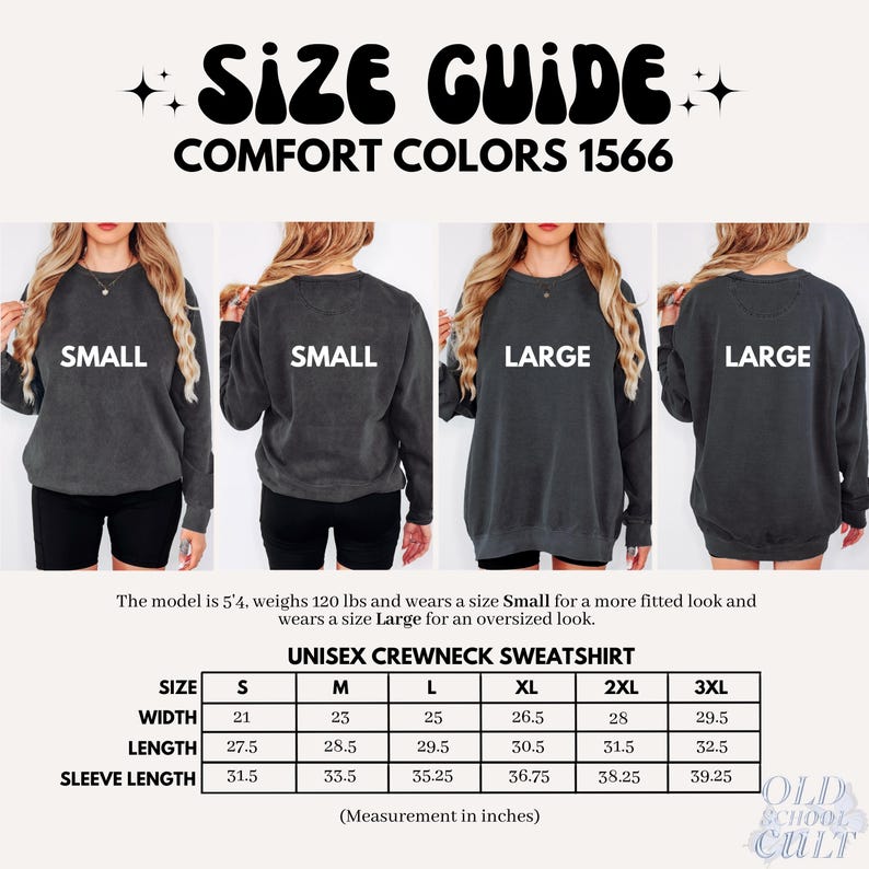 May include: Size guide for unisex crewneck sweatshirts. The image shows a size chart with measurements in inches, and models wearing Small and Large sweatshirts. The text reads "SIZE GUIDE COMFORT COLORS 1566".