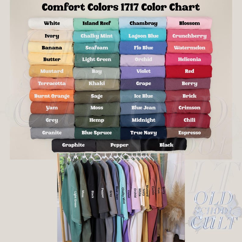 May include: Color chart of Comfort Colors 1717 apparel, featuring a wide array of colors such as white, ivory, banana, and more. Below the chart, a rack displays various t-shirts in the same colors, including black, gray, and blue.