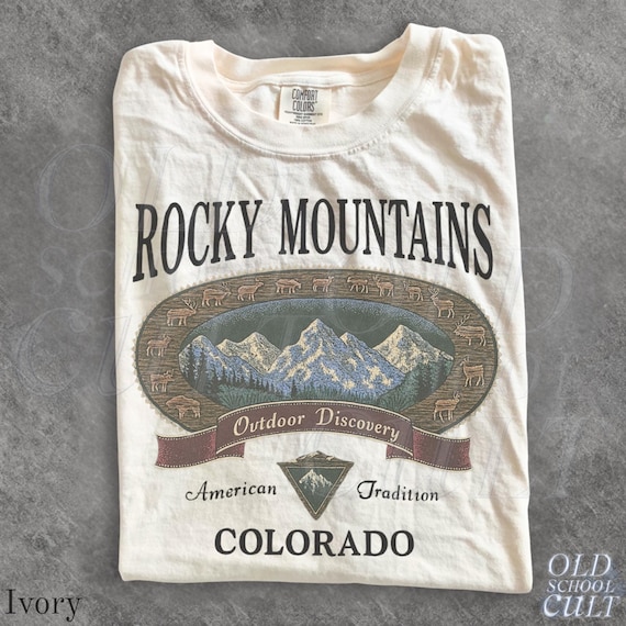 Vintage Rocky Mountains Colorado T-Shirt, Outdoor Discovery Graphic Tee, 90s Mountain Hiking Shirt, Comfort Colors® Ivory Nature Top