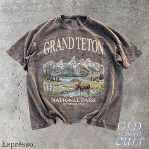 Grand Teton National Park Vintage jaren 90 grafisch T-shirt, retro Comfort Colors® Wyoming Mountain Lake USA nostalgia Moose uniseks T-shirt Espresso