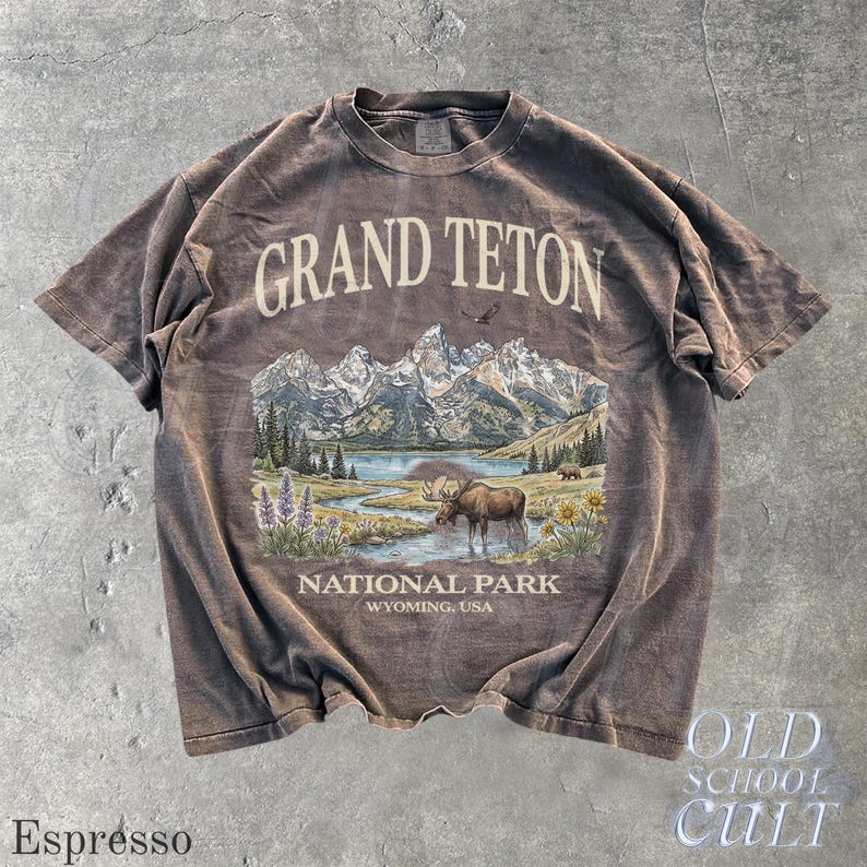 Grand Teton National Park Vintage jaren 90 grafisch T-shirt, retro Comfort Colors® Wyoming Mountain Lake USA nostalgia Moose uniseks T-shirt Espresso