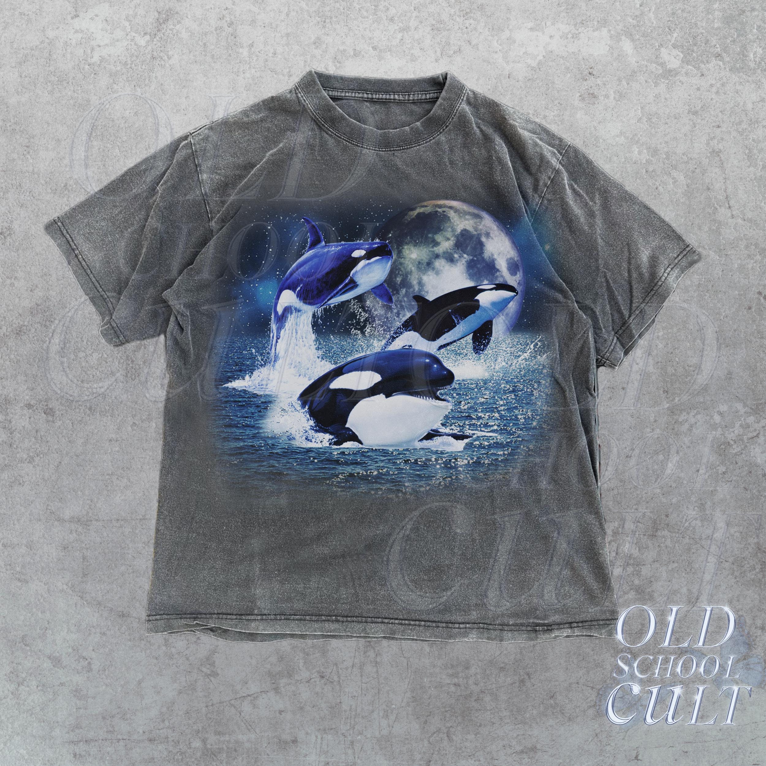 Three Orcas Vintage 90s Graphic Shirt, Sea Animal Moon