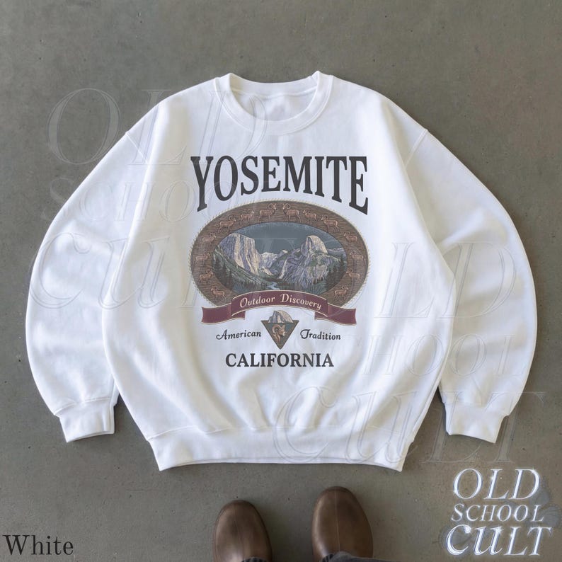 Retro Yosemite National Park Sweatshirt, Vintage 90s California Wildlife Graphic Crewneck, Nostalgia Hiking Old School Gift White