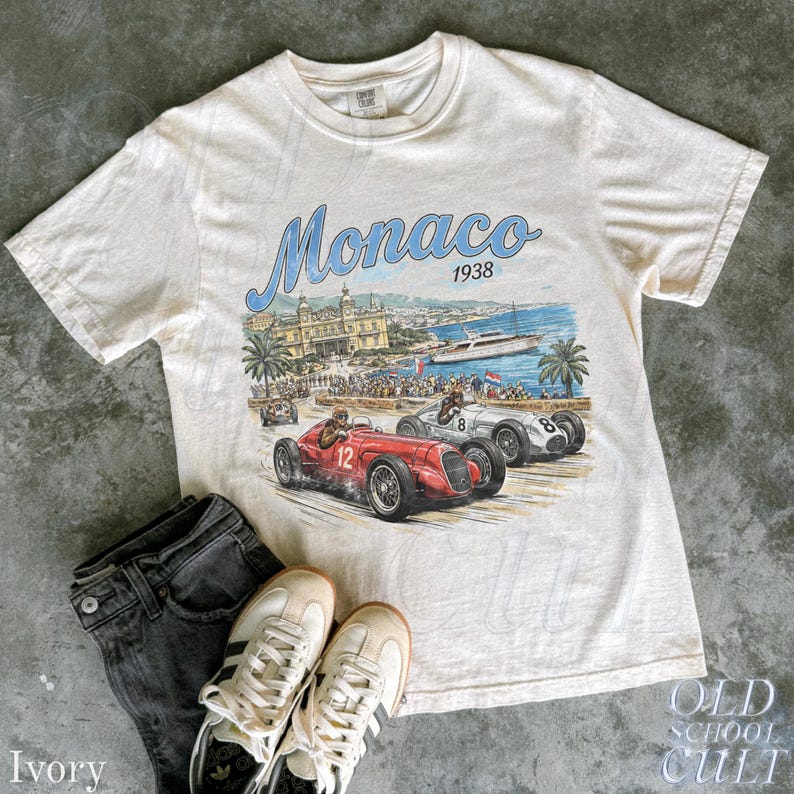 Monaco 1938 Racing Vintage Graphic T Shirt, Retro Grand Prix Motorsport Tee, Classic Car Racing Top image 2