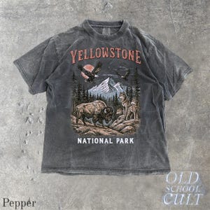 May include: A charcoal gray t-shirt featuring a Yellowstone National Park design. The graphic includes a bison, wolves, eagles, mountains, and the text "YELLOWSTONE NATIONAL PARK". The shirt has a vintage, worn look.