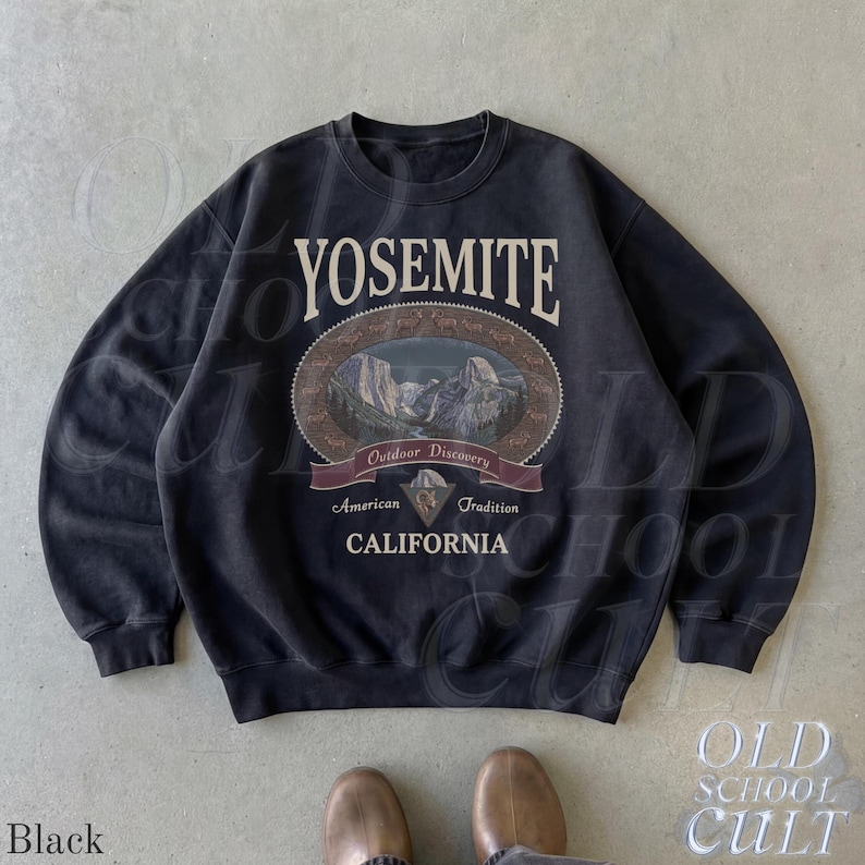 Retro Yosemite National Park Sweatshirt, Vintage 90s California Wildlife Graphic Crewneck, Nostalgia Hiking Old School Gift Black