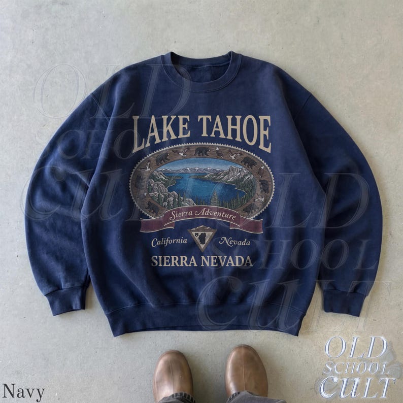 Retro Lake Tahoe Sierra Nevada Sweatshirt, Vintage 90s California Nevada Mountain Crewneck, Nostalgia Hiking Old School Gift Navy