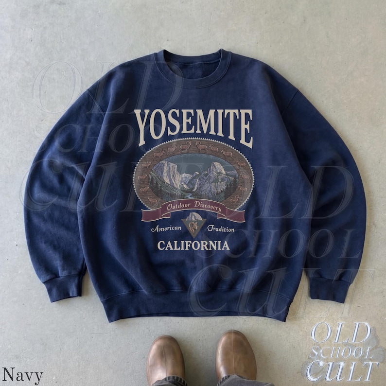 Retro Yosemite National Park Sweatshirt, Vintage 90s California Wildlife Graphic Crewneck, Nostalgia Hiking Old School Gift Navy