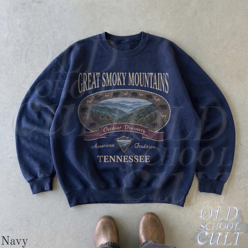 Retro Great Smoky Mountains Tennessee Sweatshirt, Vintage 90er Jahre Retro National Park Rundhalsausschnitt, Nostalgie Wandergeschenk Old School Navy
