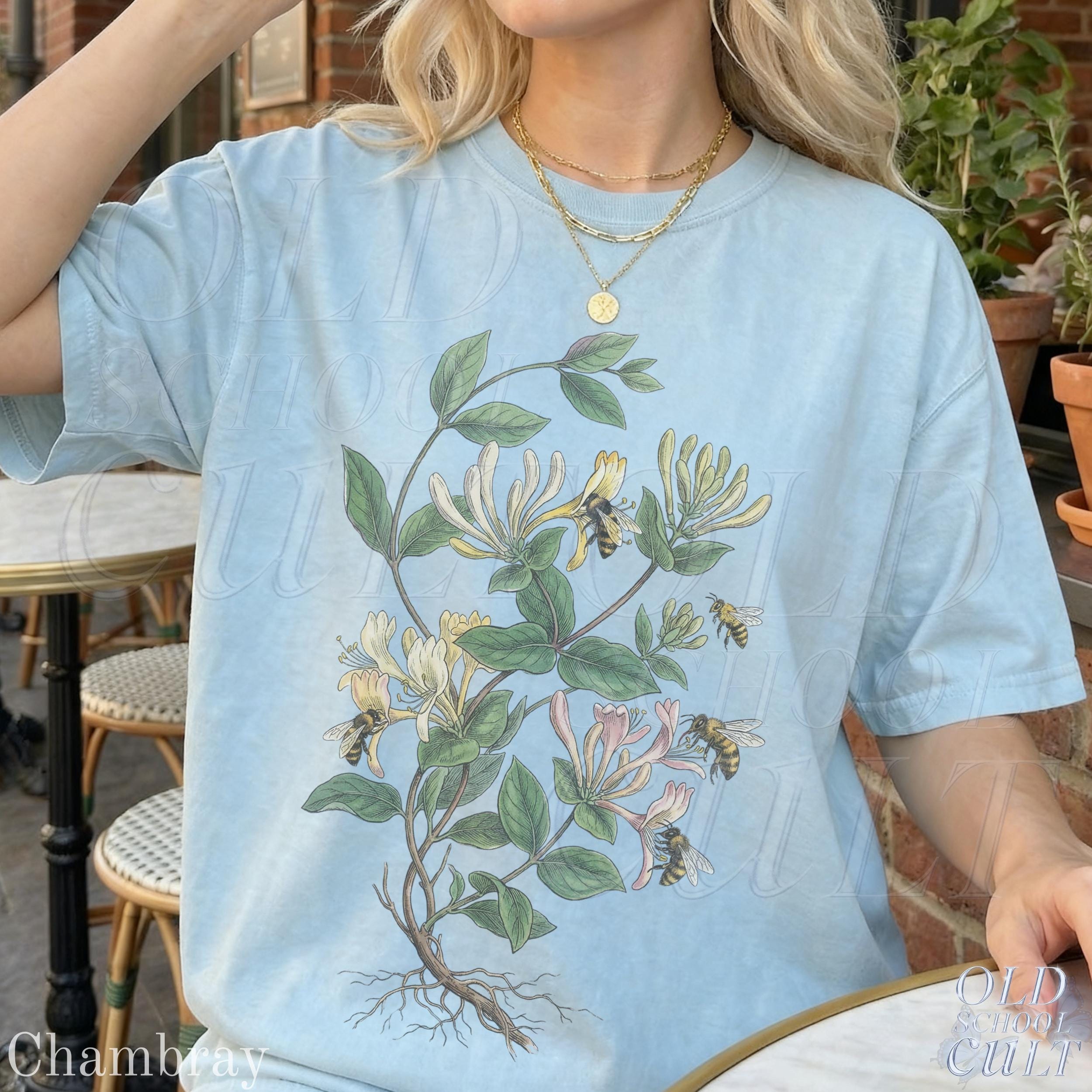 Vintage Honeysuckle Flower Bee 90s Graphic Tshirt, Retro Comfort Colors® Garden Plant Unisex Shirt