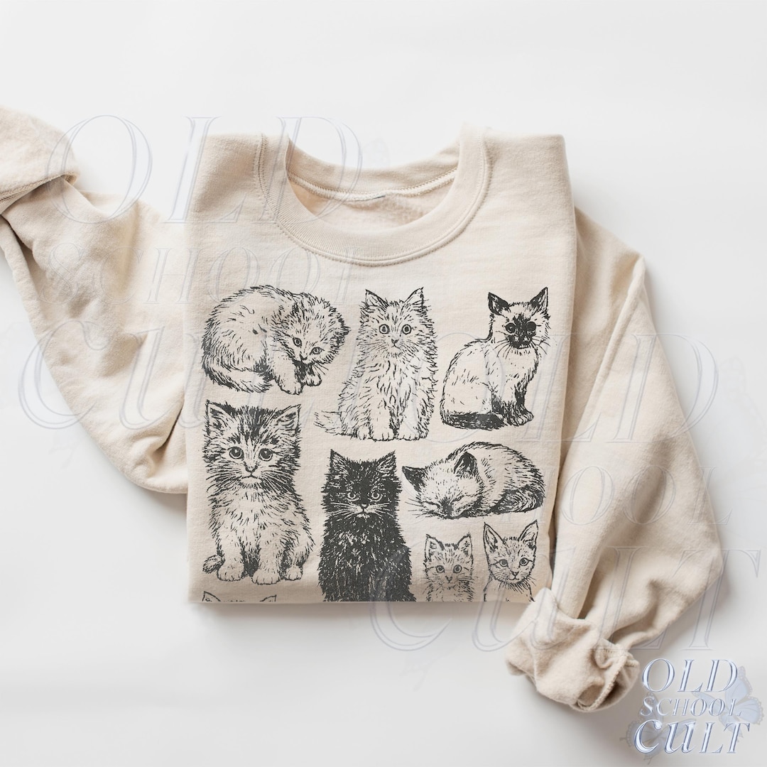 Vintage Cat Sweatshirt, Retro Kitten Graphic Pullover, Cozy
