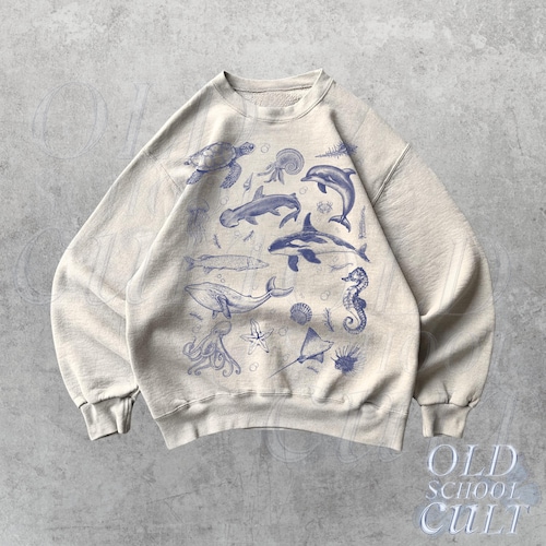 Sea Animals Vintage 90s Sweatshirt, Retro Ocean Sweater, Orca Whale Shark Creatures Sweater, Sealife Gifts, Unisex Pullover, Beach Lovers