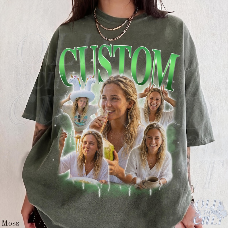 May include: Moss green t-shirt with a custom design featuring a collage of images and the word "CUSTOM" in green. The design includes multiple photos of a person, creating a unique and personalized look.