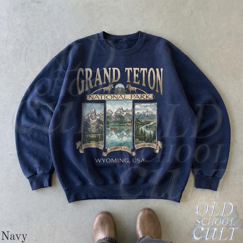 Retro Grand Teton National Park Sweatshirt, Vintage 90s Wyoming Crewneck, Nostalgia Mountain Hiking Old School Gift Navy