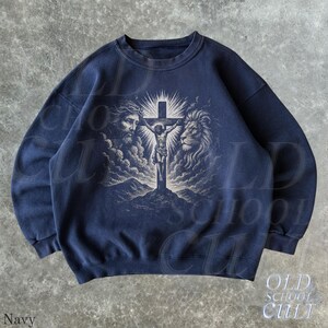 Jesus Retro Christian Sweatshirt, Vintage 90s Lion and Cross Crewneck, Religious Sweater, Unisex Spiritual Pullover Navy