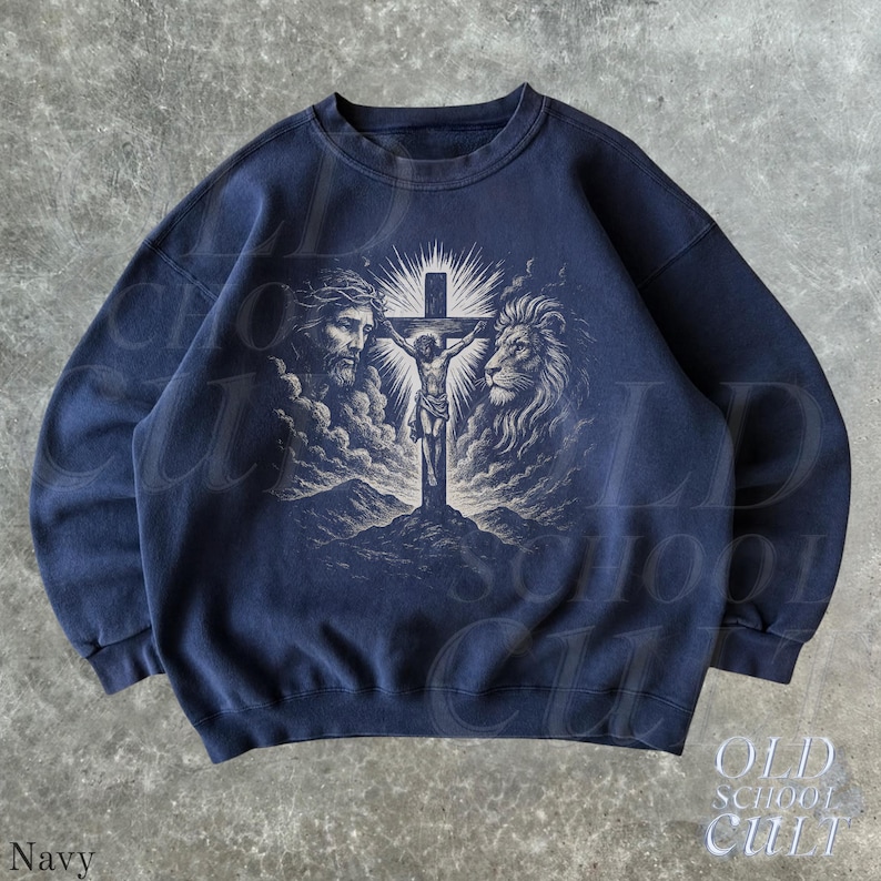 Jesus Retro Christian Sweatshirt, Vintage 90s Lion and Cross Crewneck, Religious Sweater, Unisex Spiritual Pullover Navy