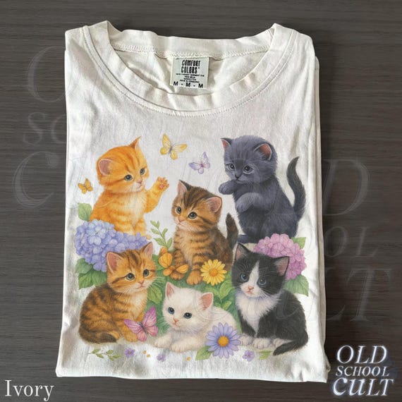 Cute Kitten Graphic T-Shirt, Vintage Cat Lover Tee, Comfort Colors® Ivory Shirt, Retro Floral Kitty Top, Aesthetic Cottagecore Gift