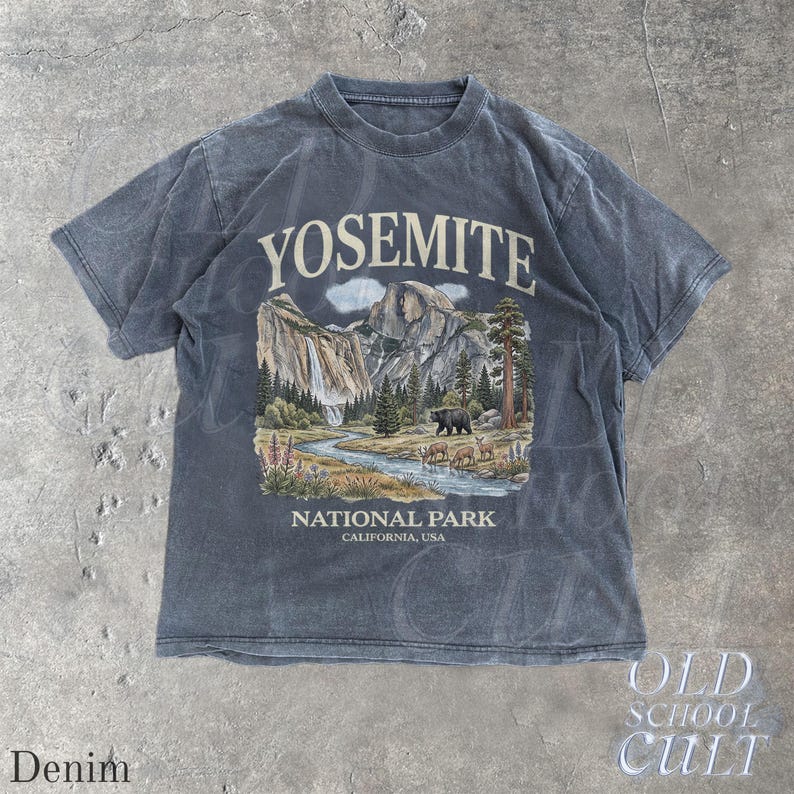 Camiseta vintage com estampa do Parque Nacional de Yosemite dos anos 90, modelo retrô Comfort Colors® com urso da vida selvagem da Califórnia, unissex. Denim