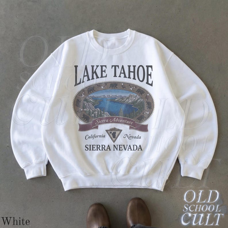 Retro Lake Tahoe Sierra Nevada Sweatshirt, Vintage 90s California Nevada Mountain Crewneck, Nostalgia Hiking Old School Gift White