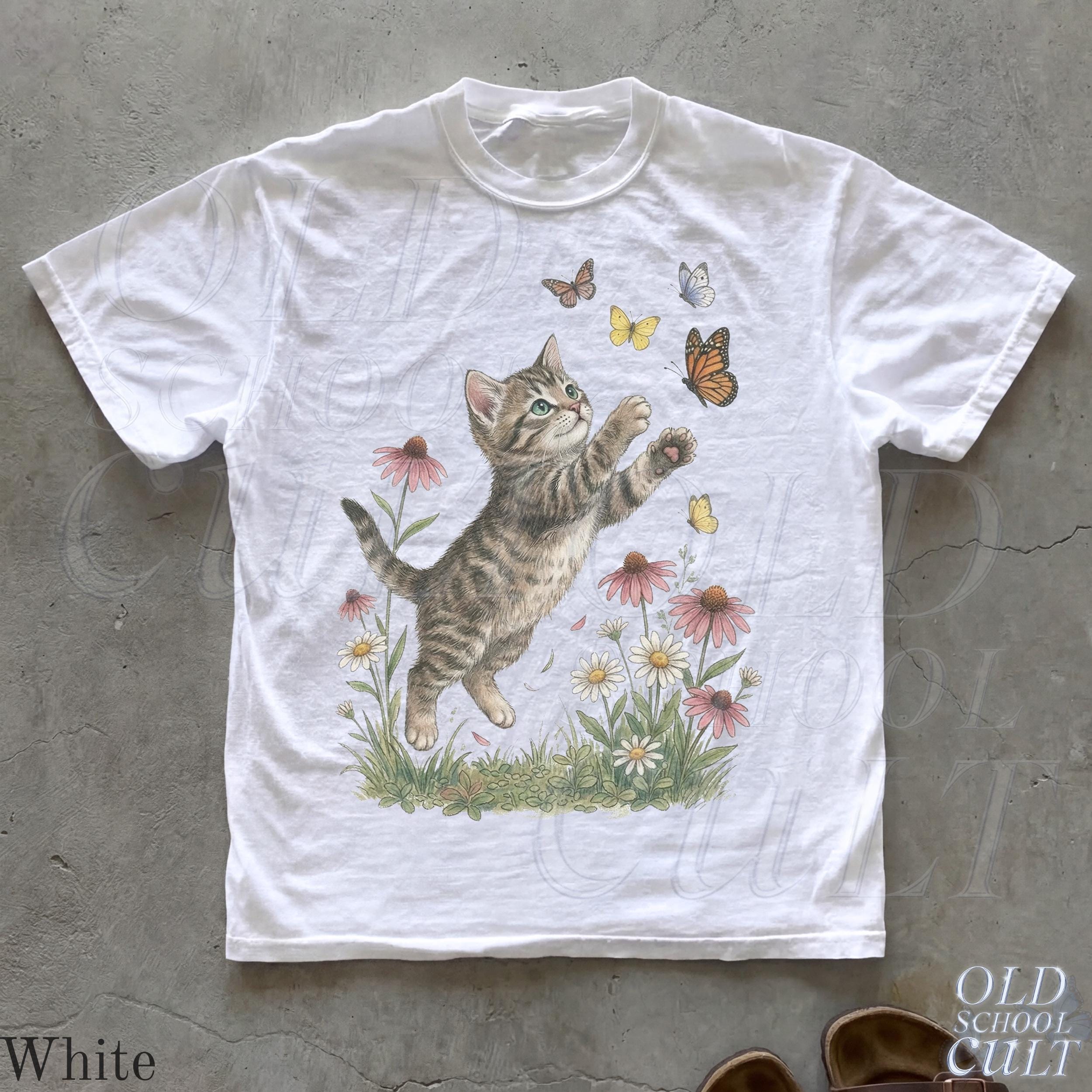 Vintage Cute Kitten Butterfly 90s Graphic Tshirt, Retro Comfort Colors ...