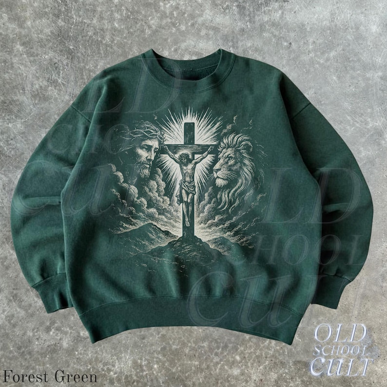 Jesus Retro Christian Sweatshirt, Vintage 90s Lion and Cross Crewneck, Religious Sweater, Unisex Spiritual Pullover Forest Green