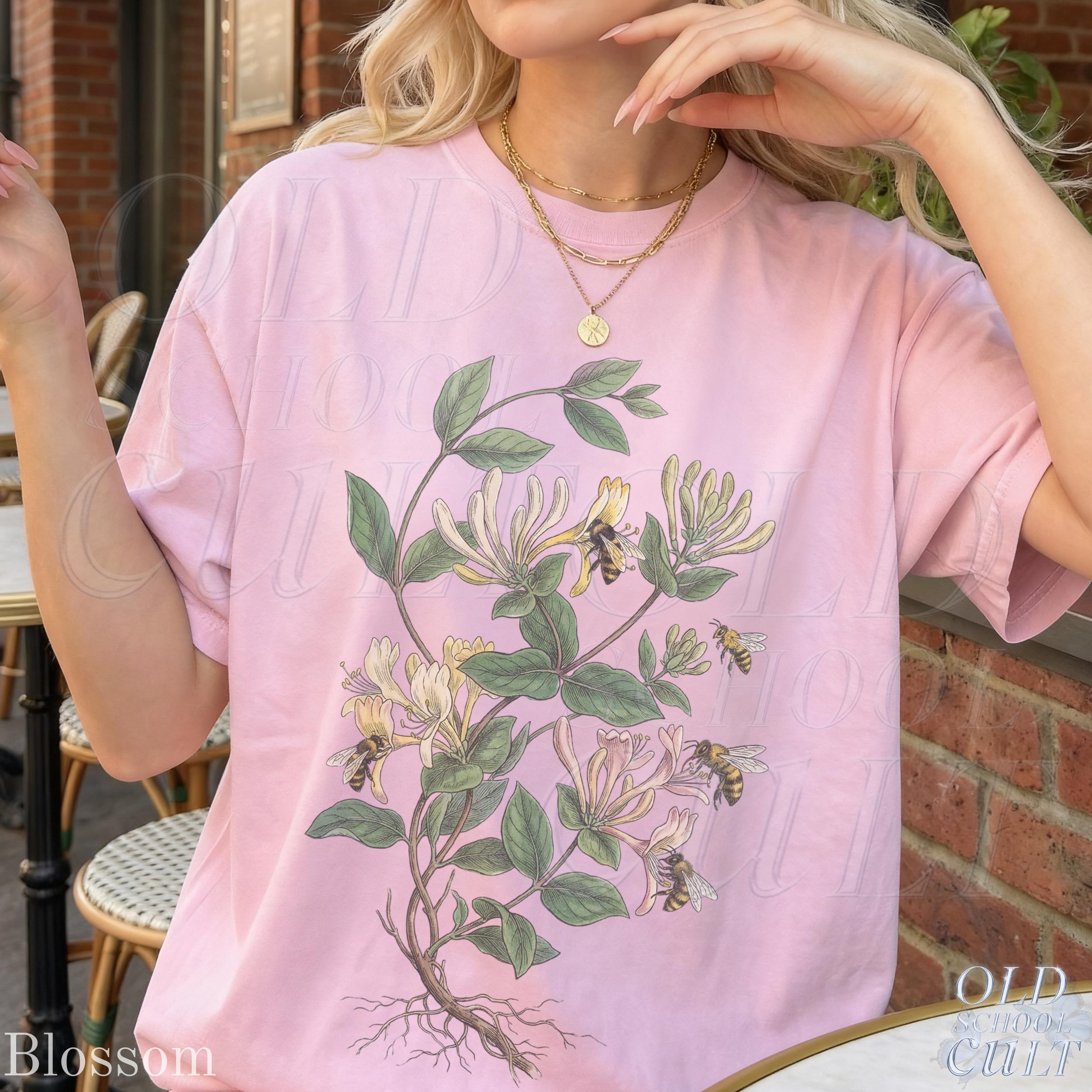 Vintage Honeysuckle Flower Bee 90s Graphic Tshirt, Retro Comfort Colors® Garden Plant Unisex Shirt