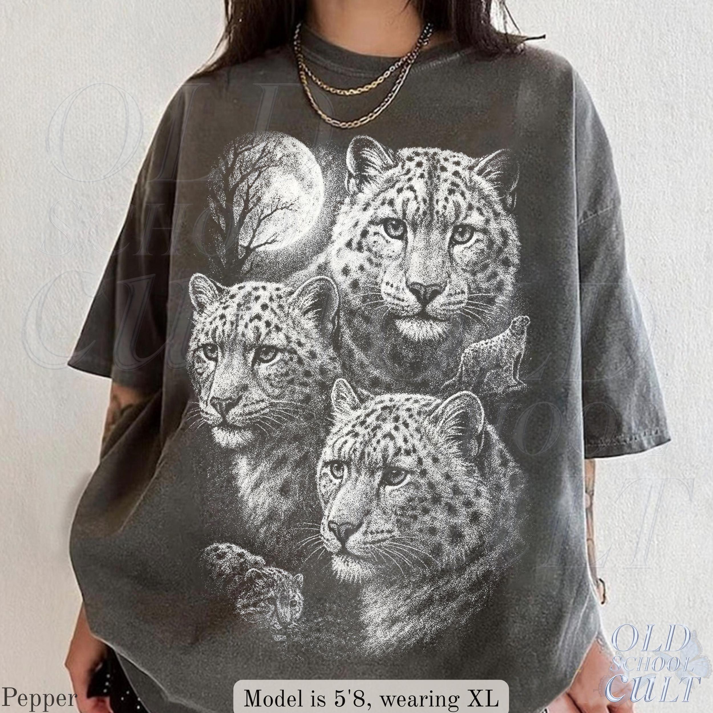 90年代のヒョウ柄ムーンワイルドライフグラフィックTシャツ、ムーン 