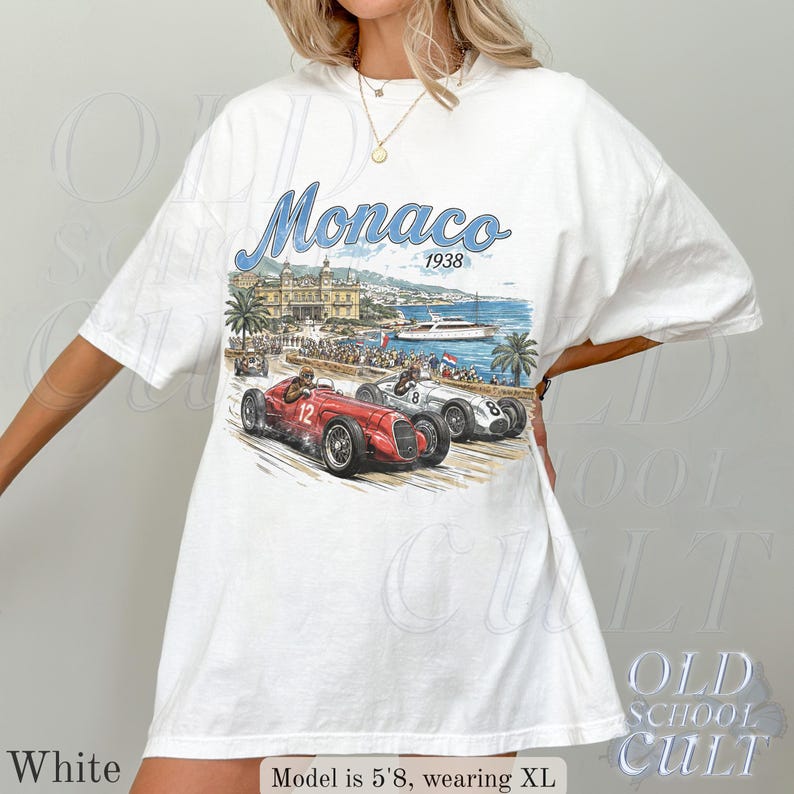 Monaco 1938 Racing Vintage Graphic T Shirt, Retro Grand Prix Motorsport Tee, Classic Car Racing Top White
