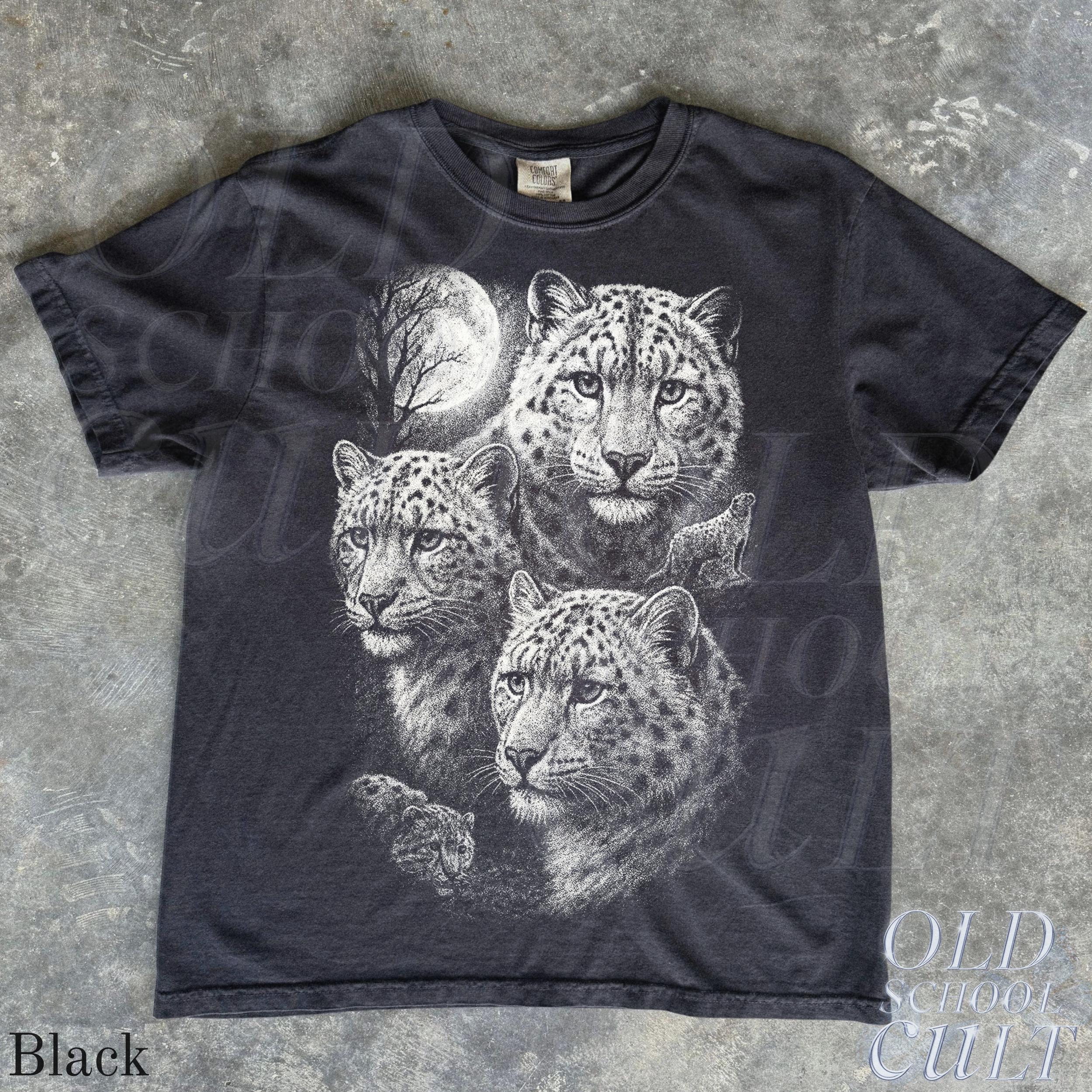 90年代のヒョウ柄ムーンワイルドライフグラフィックTシャツ、ムーン 