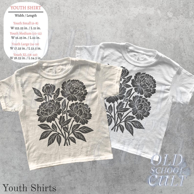May include: Two youth shirts, one cream and one white, each with a black floral design. The cream shirt is on the left, and the white shirt is on the right. The shirts have a crew neck and short sleeves. The text "Youth Shirts" is at the bottom.