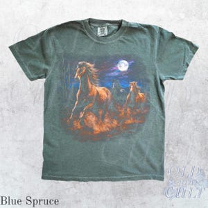Wild Horses Vintage 90s Graphic T-Shirt, Retro Moonlit Running Horse Tee Blue Spruce