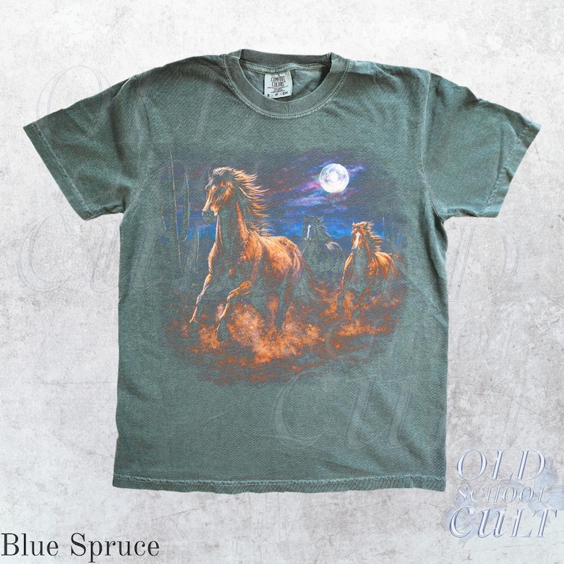 Wild Horses Vintage 90s Graphic T-Shirt, Retro Moonlit Running Horse Tee Blue Spruce