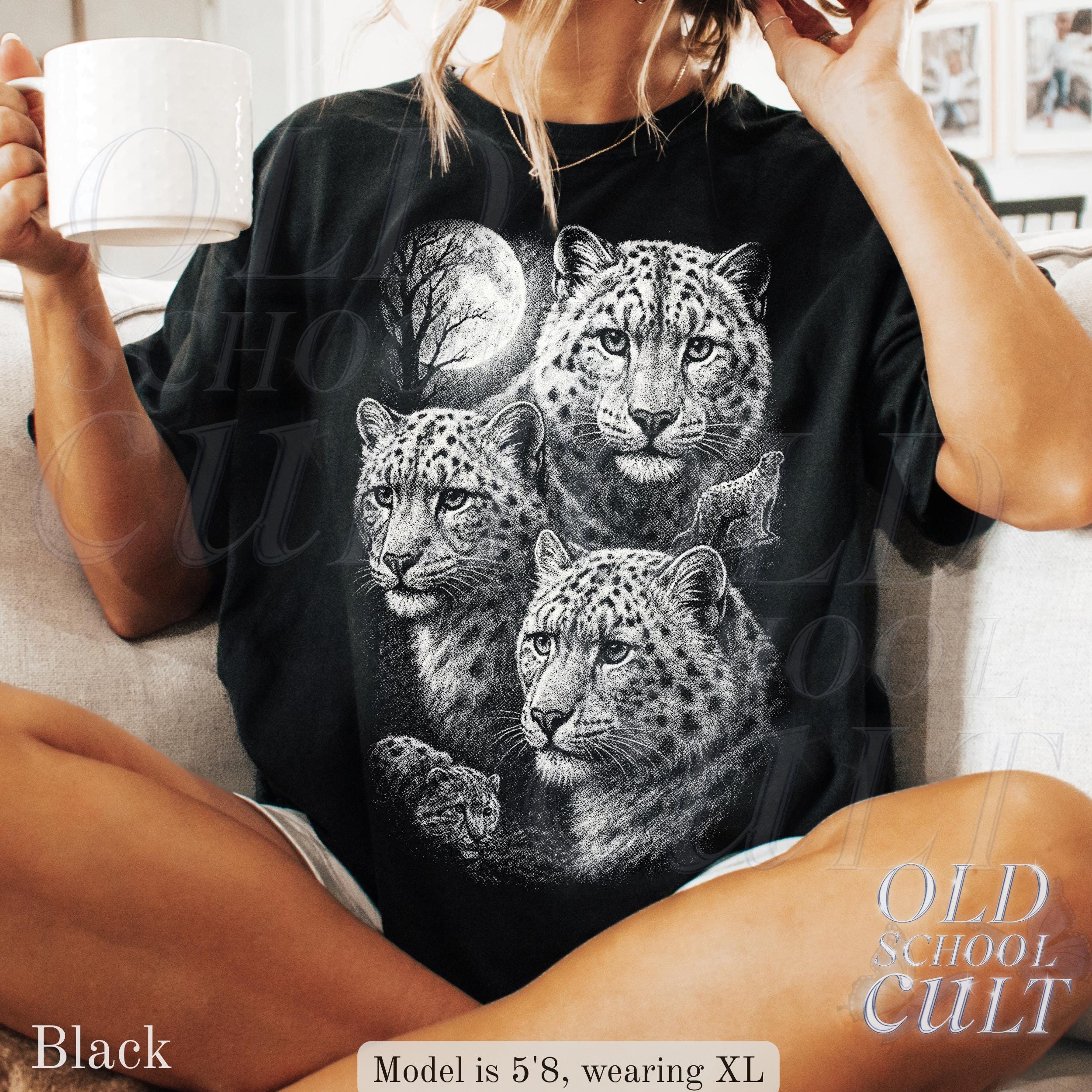 90年代のヒョウ柄ムーンワイルドライフグラフィックTシャツ、ムーン 