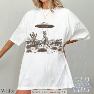 UFO Cat Western T-Shirt, Comfort Colors® Ivory Shirt, Vintage Alien Graphic Tee, Funny Space Cat Top, Retro Sci Fi Gift White