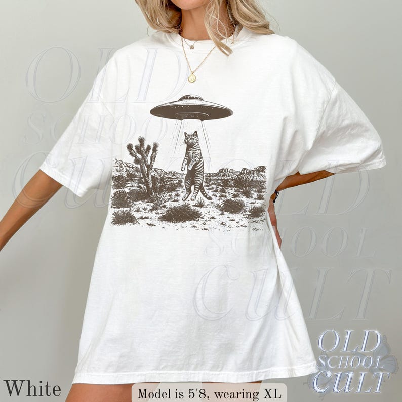 UFO Cat Western T-Shirt, Comfort Colors® Ivory Shirt, Vintage Alien Graphic Tee, Funny Space Cat Top, Retro Sci Fi Gift White
