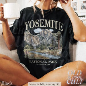 Camiseta vintage com estampa do Parque Nacional de Yosemite dos anos 90, modelo retrô Comfort Colors® com urso da vida selvagem da Califórnia, unissex. Black
