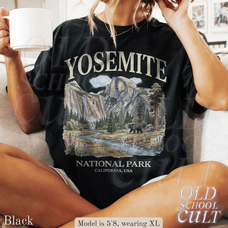 Camiseta vintage com estampa do Parque Nacional de Yosemite dos anos 90, modelo retrô Comfort Colors® com urso da vida selvagem da Califórnia, unissex. Black