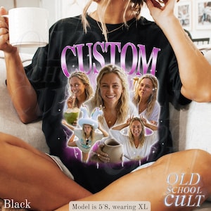 May include: Black t-shirt with the word "CUSTOM" in a purple gradient font. The shirt features a collage of images of a person. The words "OLD SCHOOL CULT" are in a gold font on the bottom right.