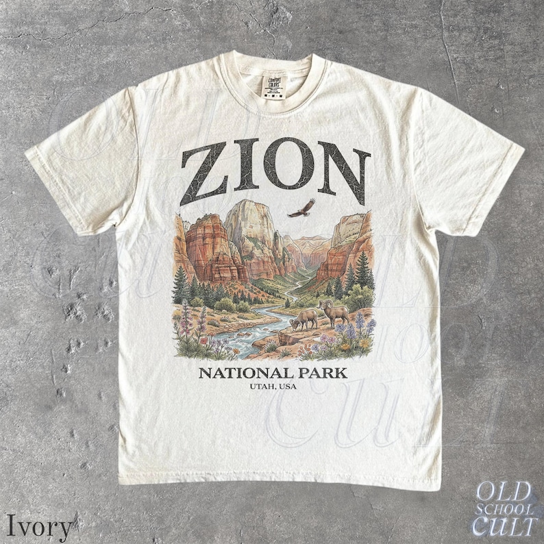 Zion National Park Vintage 90s Graphic T-Shirt, Retro Comfort Colors® Canyon Landscape Utah USA Wildlife Unisex Tee Ivory