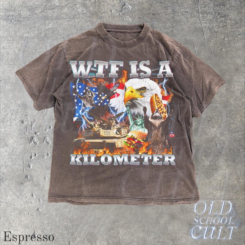 Camiseta WTF Is A Kilometer Divertida Camiseta Patrimonial USA Eagle Gráfico Camiseta Vintage American Meme Camiseta 4 de Julio Retro Unisex Regalo del Día de la Independencia Espresso