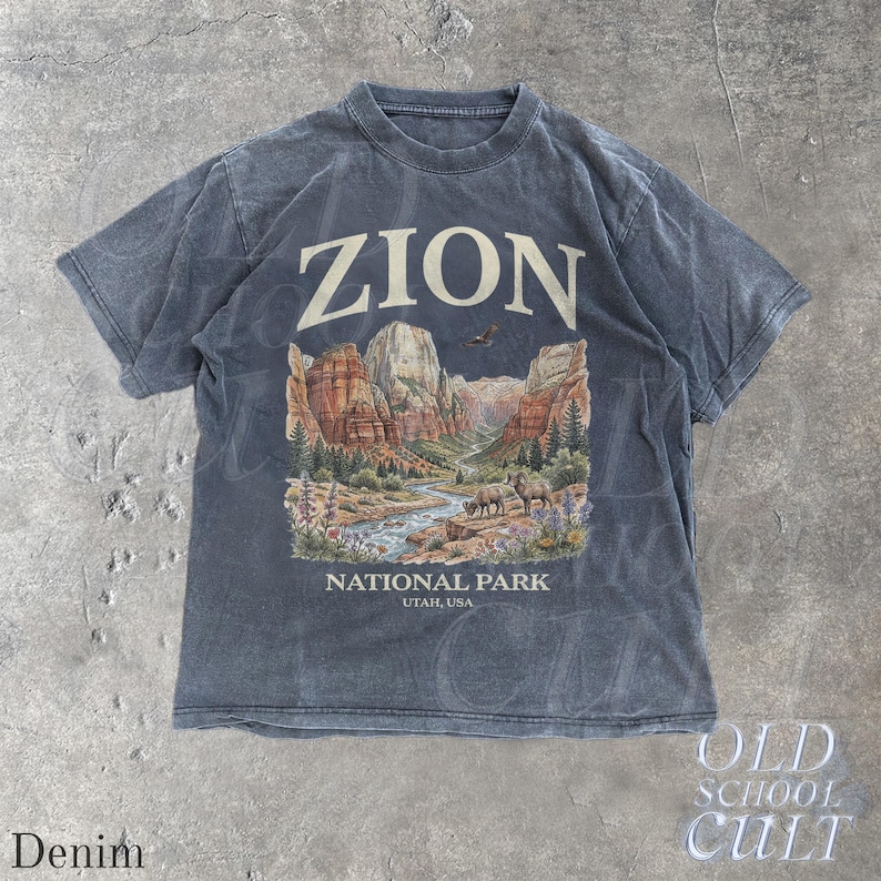 Zion National Park Vintage 90s Graphic T-Shirt, Retro Comfort Colors® Canyon Landscape Utah USA Wildlife Unisex Tee Denim