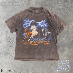 May include: Espresso-colored t-shirt featuring a graphic of four running horses under a blue and white lightning-filled sky. The shirt has a vintage, faded look. The text "OLD SCHOOL CULT" is printed on the bottom right.