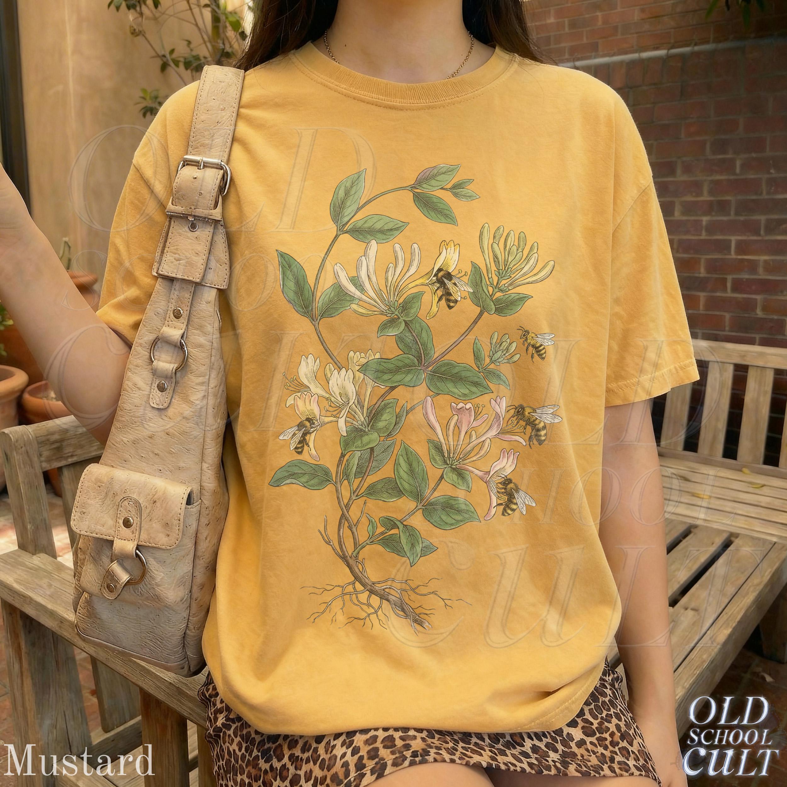 Vintage Honeysuckle Flower Bee 90s Graphic Tshirt, Retro Comfort Colors® Garden Plant Unisex Shirt