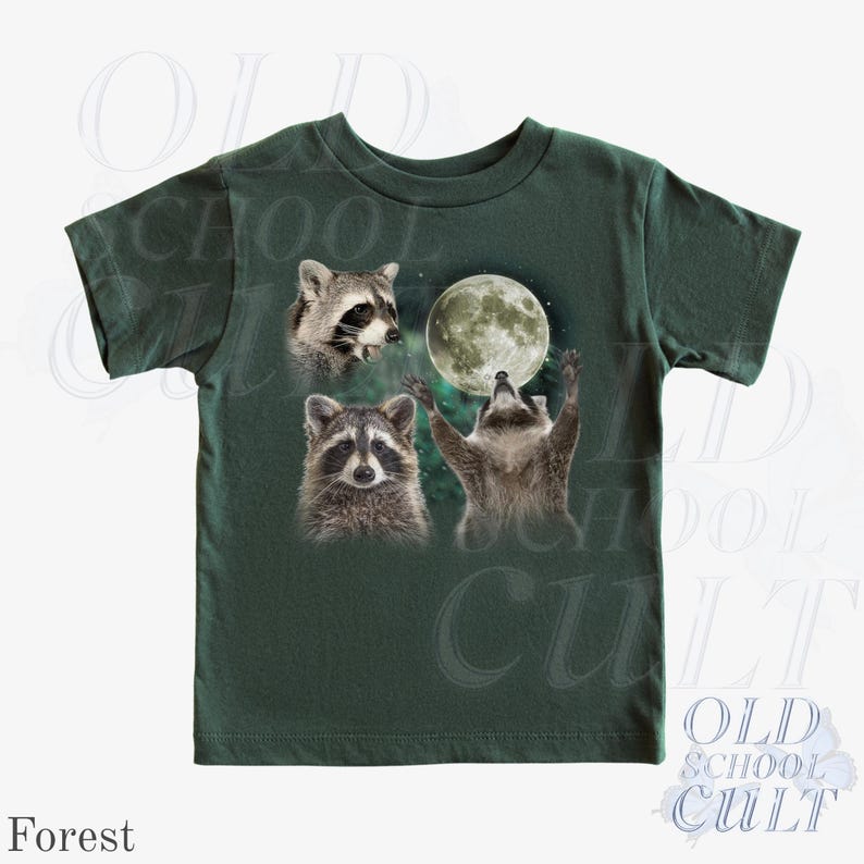May include: Forest green t-shirt featuring a graphic of three raccoons and a full moon. One raccoon is looking up at the moon with its arms raised. The text "OLD SCHOOL CULT" is printed on the bottom right.