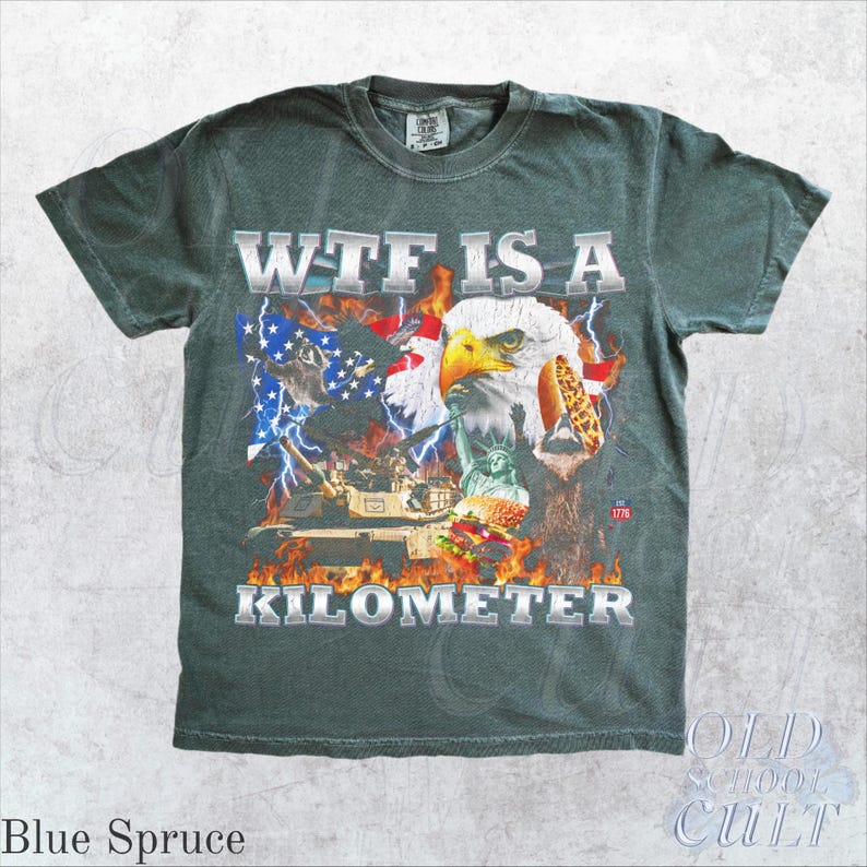 Camiseta WTF Is A Kilometer Divertida Camiseta Patrimonial USA Eagle Gráfico Camiseta Vintage American Meme Camiseta 4 de Julio Retro Unisex Regalo del Día de la Independencia Blue Spruce