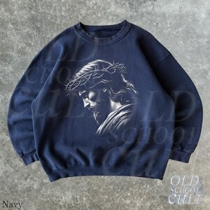 Jesus Crown of Thorns Retro Christian Sweatshirt, Vintage 90s Faith Crewneck, Religious Sweater, Unisex Spiritual Pullover Navy