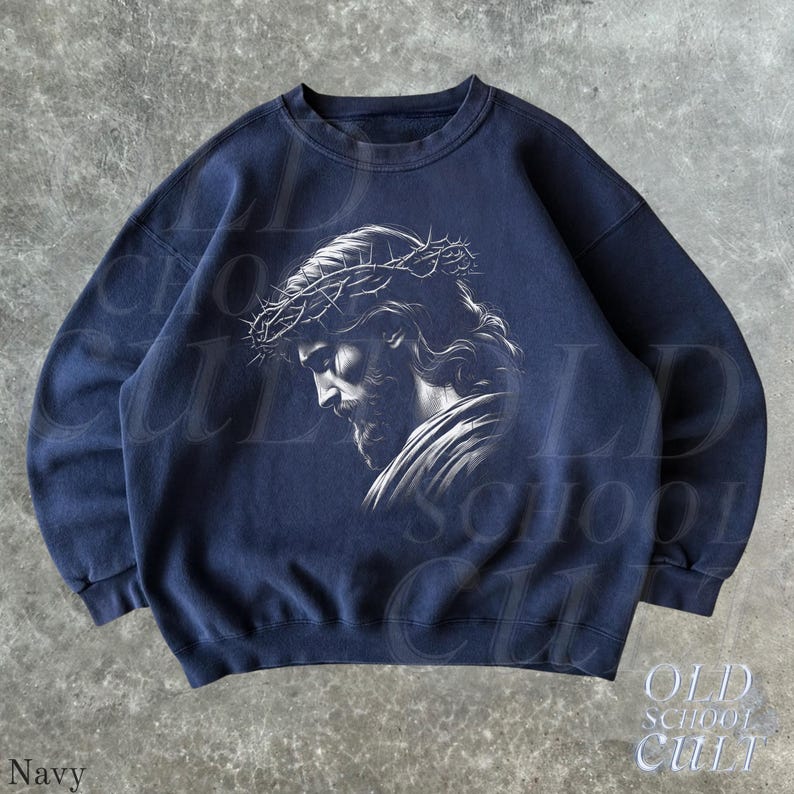 Jesus Crown of Thorns Retro Christian Sweatshirt, Vintage 90s Faith Crewneck, Religious Sweater, Unisex Spiritual Pullover Navy